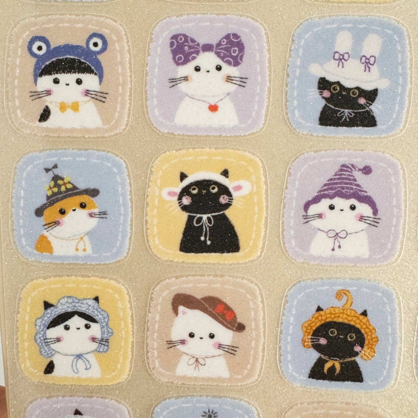 Many Cute Cats Wearing Hats - Glitter Stickers Sheet - 1 SHEET