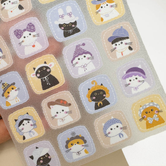 Many Cute Cats Wearing Hats - Glitter Stickers Sheet - 1 SHEET