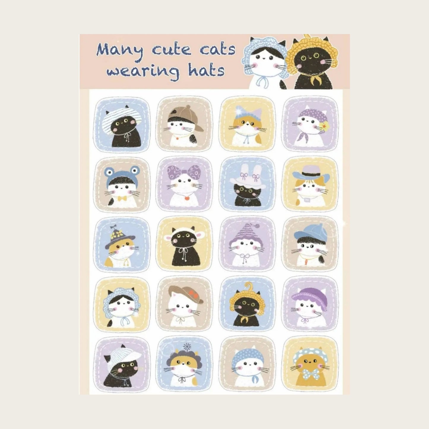Many Cute Cats Wearing Hats - Glitter Stickers Sheet - 1 SHEET