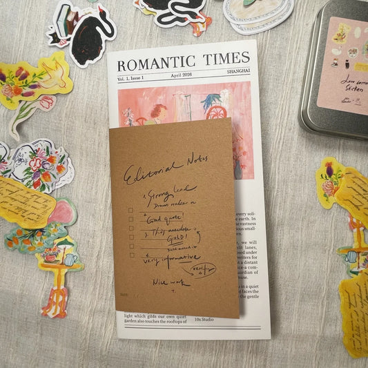 A kraft brown paper note pad with handwritten notes on top of a printed 'Romantic Times' magazine page, styled on a light wood surface surrounded by decorative stickers and a small tin.