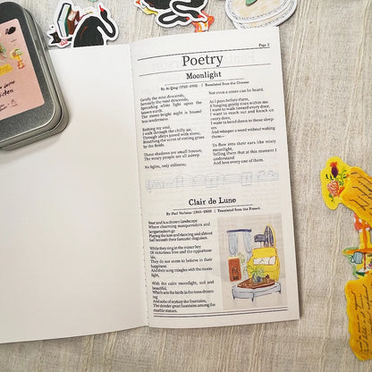 An open book or booklet spread showing printed poetry pages titled 'Poetry' and 'Moonlight' with text and small illustrations, photographed on a light wood surface with stickers around it.