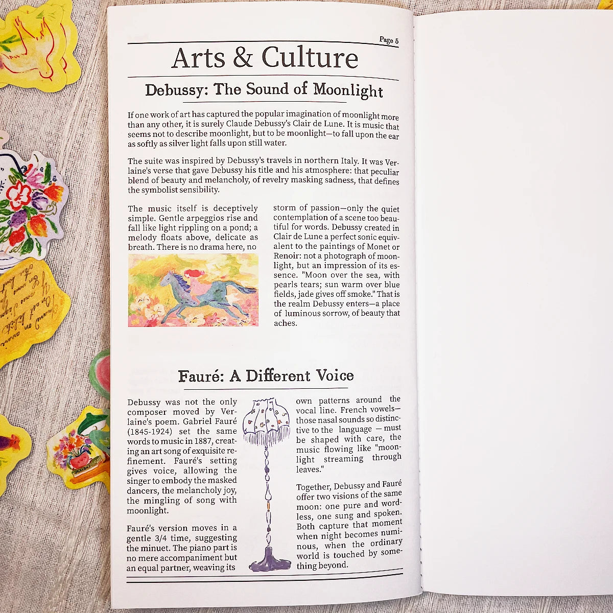 An open book spread showing printed text about Debussy's 'Arts & Culture' and 'Fauré: A Different Voice,' with decorative horse and lamp illustrations along the left margin.