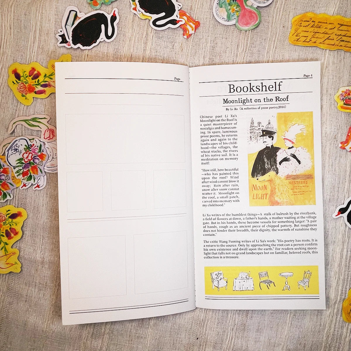 An open book or journal laid flat on a light wood surface, surrounded by colorful decorative stickers and paper cutouts. The left page has blank lined writing areas, and the right page shows a printed article titled 'Bookshelf' with text and a yellow illustration with a man and a woman.
