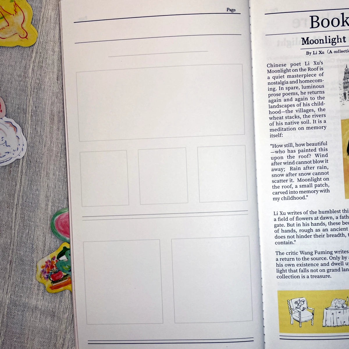 An open book or booklet showing a printed page with a large white rectangular drawing area in the center, surrounded by text columns and decorative illustrations along the left edge.