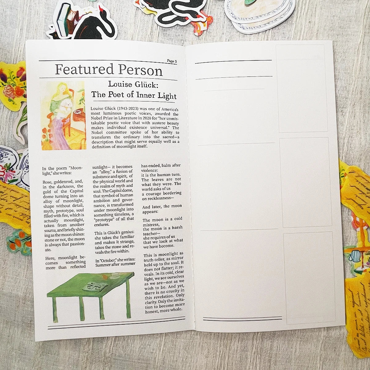An open printed booklet or journal spread laid on a light wood surface, showing a page titled 'Featured Person' with an article about Louise Glick, a small green drawing, and lined writing sections on the right page. Decorative stickers and colorful paper edges are visible around the booklet.