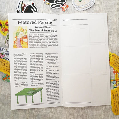 An open printed booklet or journal spread laid on a light wood surface, showing a page titled 'Featured Person' with an article about Louise Glick, a small green drawing, and lined writing sections on the right page. Decorative stickers and colorful paper edges are visible around the booklet.